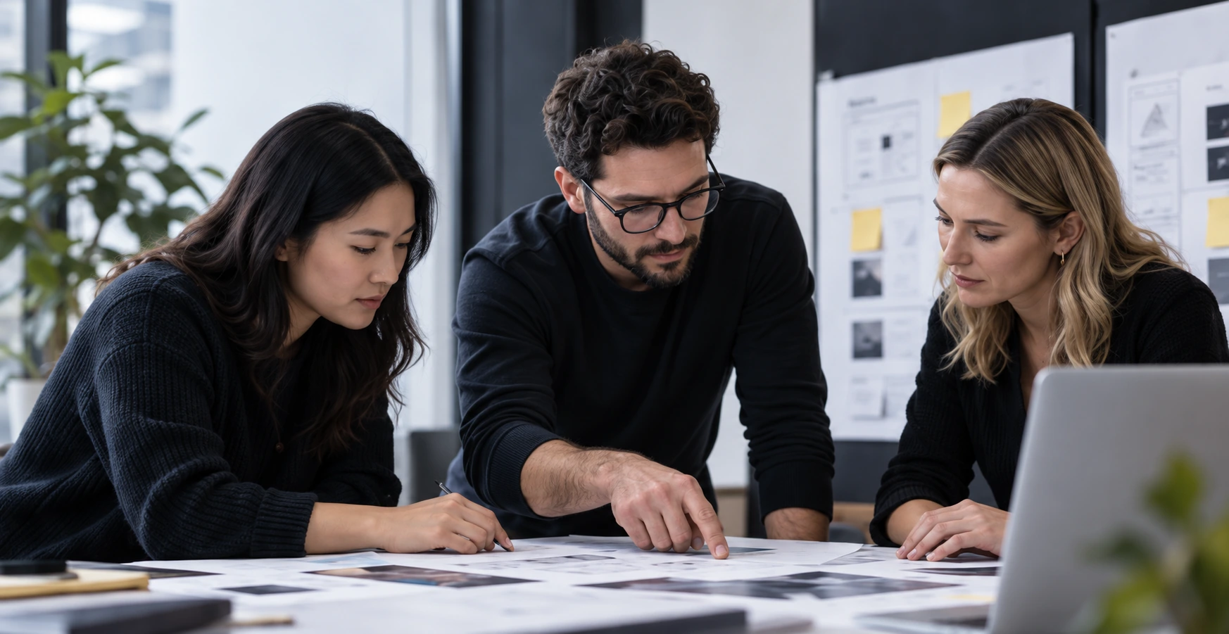 Three colleagues reviewing a project together