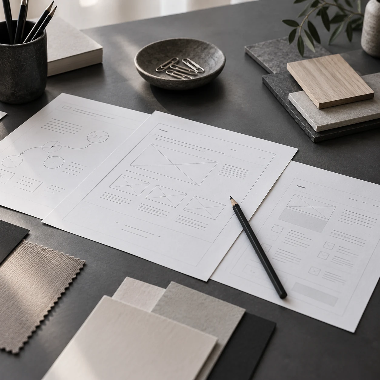 Illustrative planning sheets, website wireframes and neutral design samples