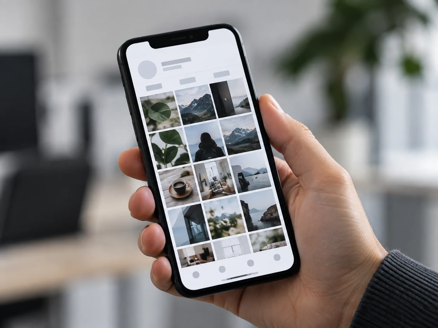 Phone displaying an illustrative social content grid