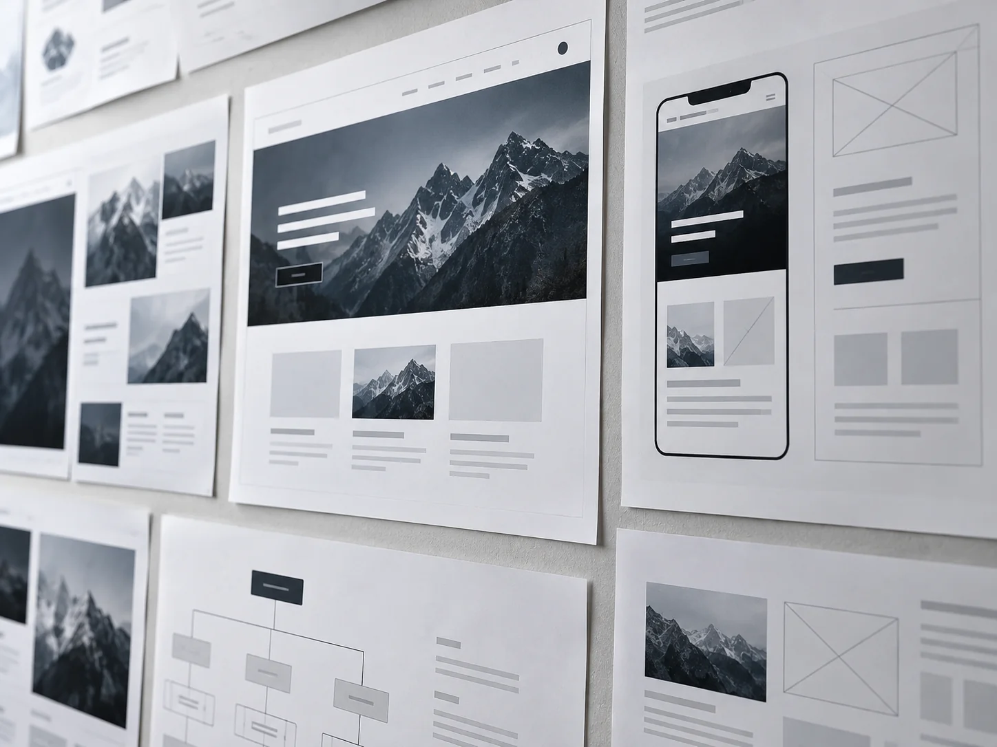 Desktop and mobile interface layouts displayed on a wall