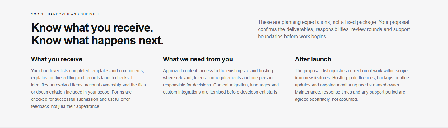 The published Web Development section explaining delivered files, customer responsibilities and support after launch