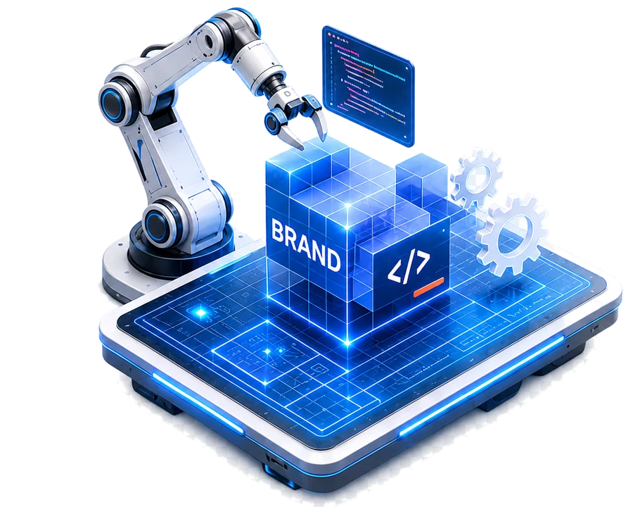 Robotic arm assembling a glowing brand block on a digital workshop platform