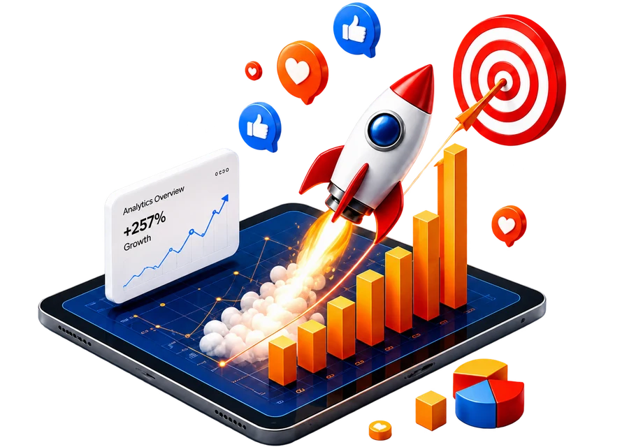 Rocket launching from a growth analytics tablet toward a target