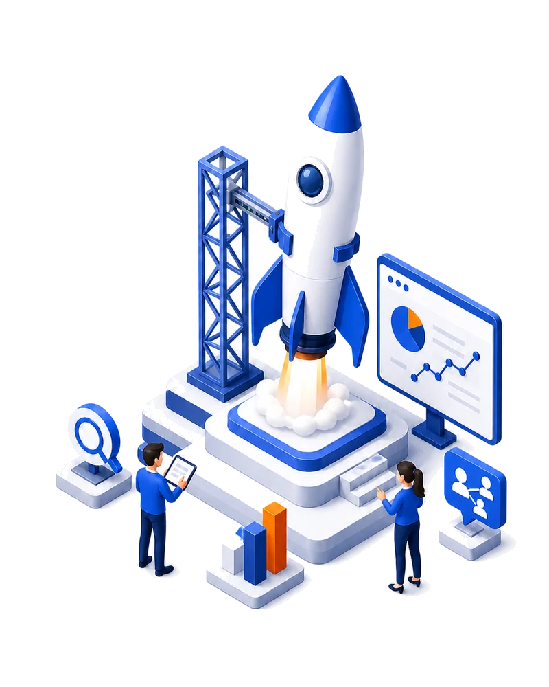 Strategy team guiding a growth launch with search, social media and analytics