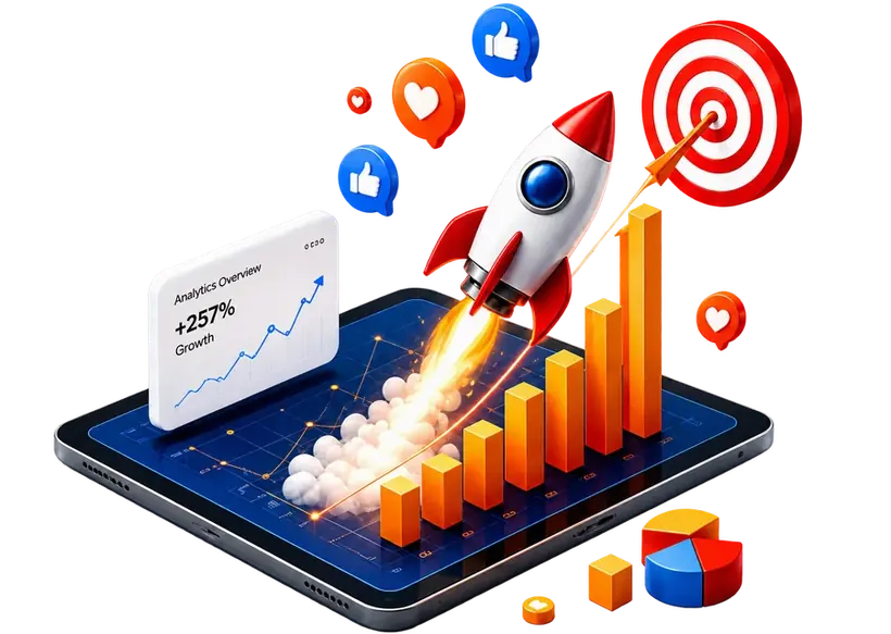 Rocket launching from a growth analytics tablet toward a target