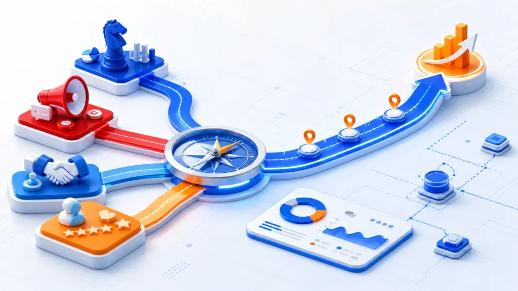 Connected marketing, sales and customer experience routes converging into one digital roadmap.