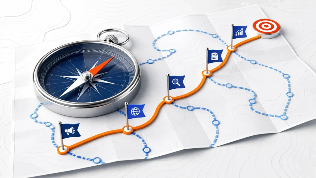 Connected marketing, sales and customer experience routes converging into one digital roadmap.