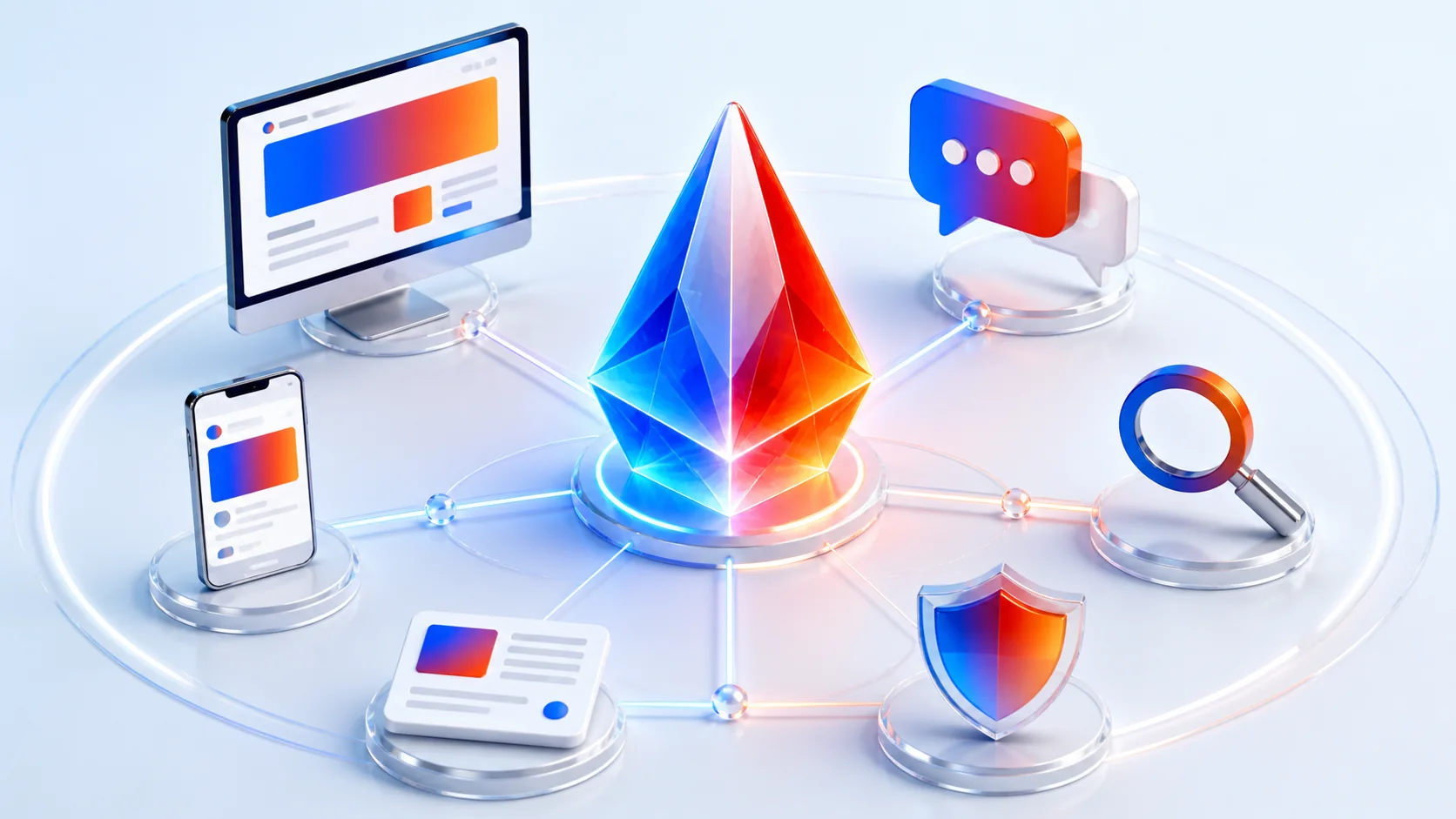 A central brand identity connecting consistent website, mobile, search, content and trust touchpoints.