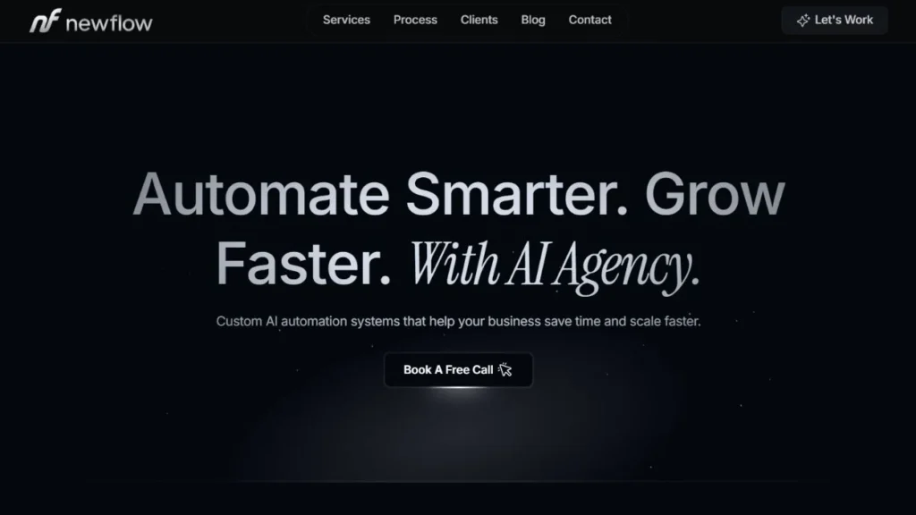NewFlow.com homepage presenting its AI automation agency positioning and call-booking journey.