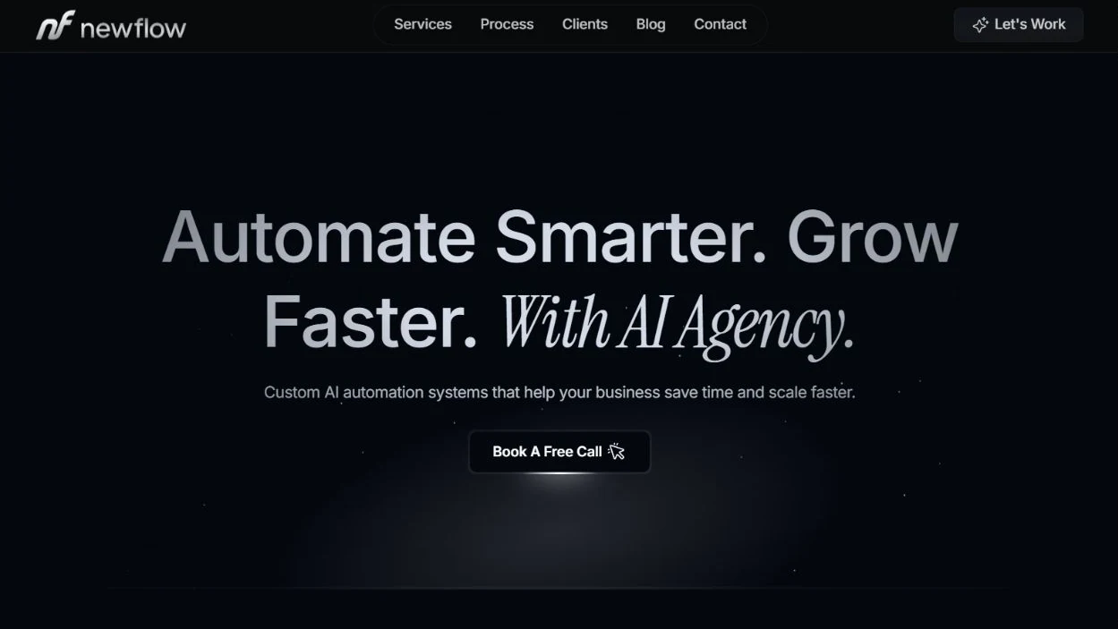 NewFlow.com homepage presenting its AI automation agency positioning and call-booking journey.