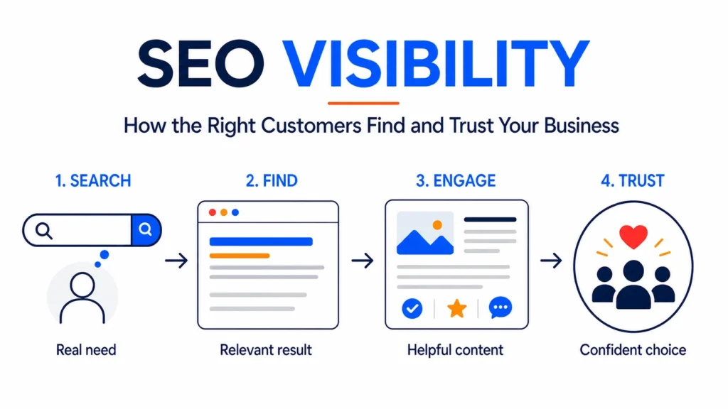 Editorial infographic showing the SEO journey from a real search need to a confident customer choice.