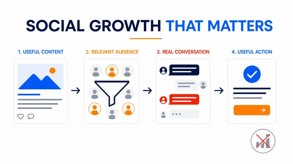 Editorial infographic connecting useful social content with a relevant audience, real conversation and useful action.