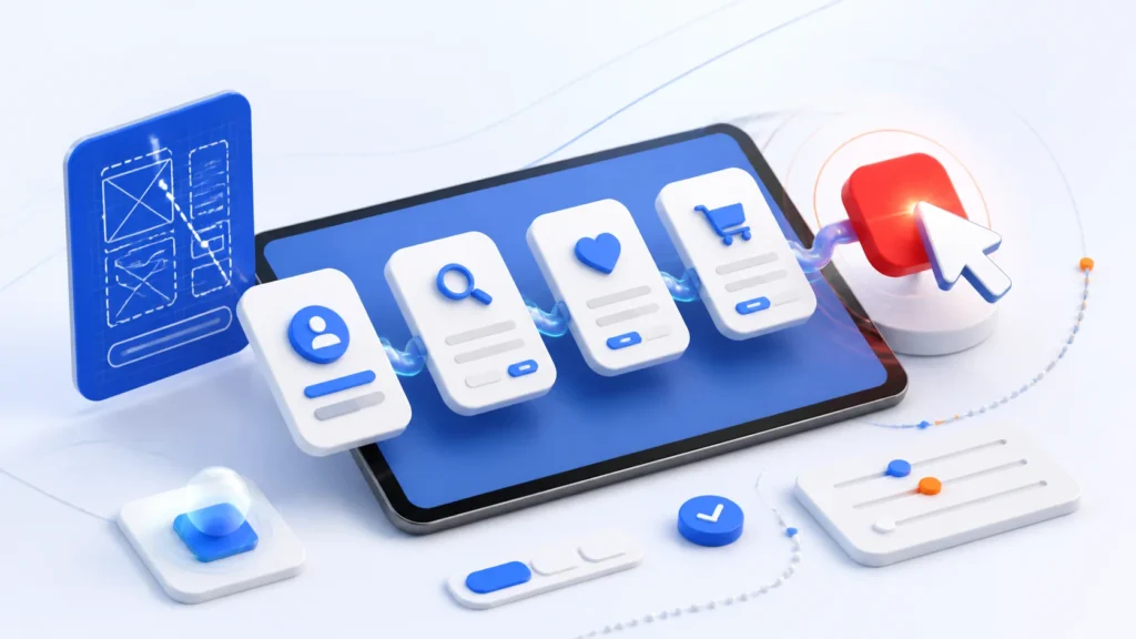 A clear digital customer journey moving through interface cards toward a confident action.