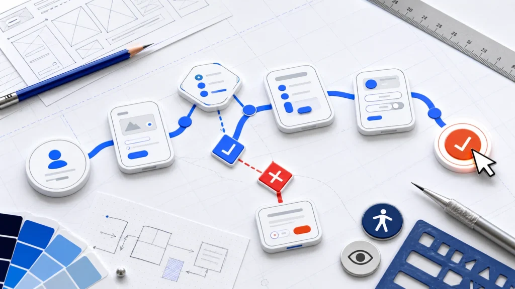 A clear digital customer journey moving through interface cards toward a confident action.