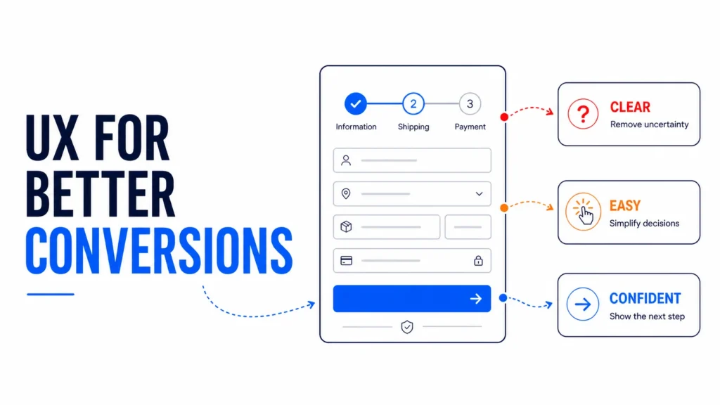 Editorial infographic showing how clear, easy and confident UX reduces friction in a customer journey.