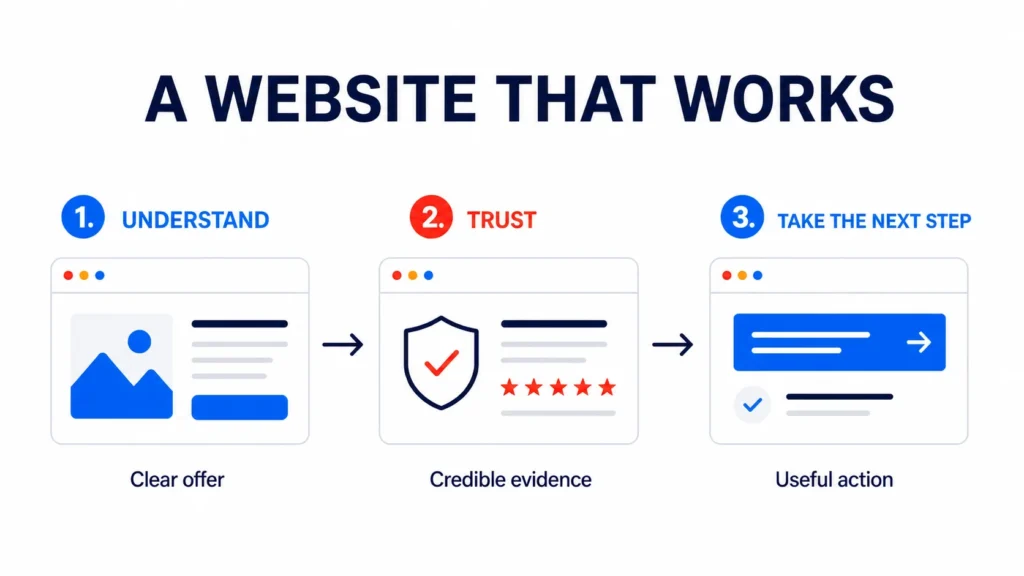 Editorial infographic showing a business website journey from understanding through trust to a useful action.